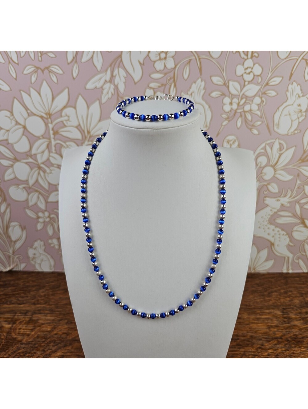 925 Thai Sterling Silver Blue Cat Eye Bead Necklace Bracelet Jewelry Set